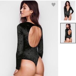 Victorias Secret M/L Black Crushed Velvet Long Sleeve Plunge Thong Bodysuit